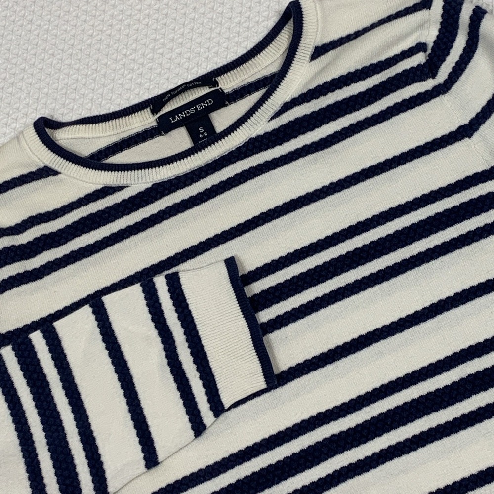 Lands' End Women's S 6-8 Striped Sweater Navy White Supima Cotton 3/4 Sleeve